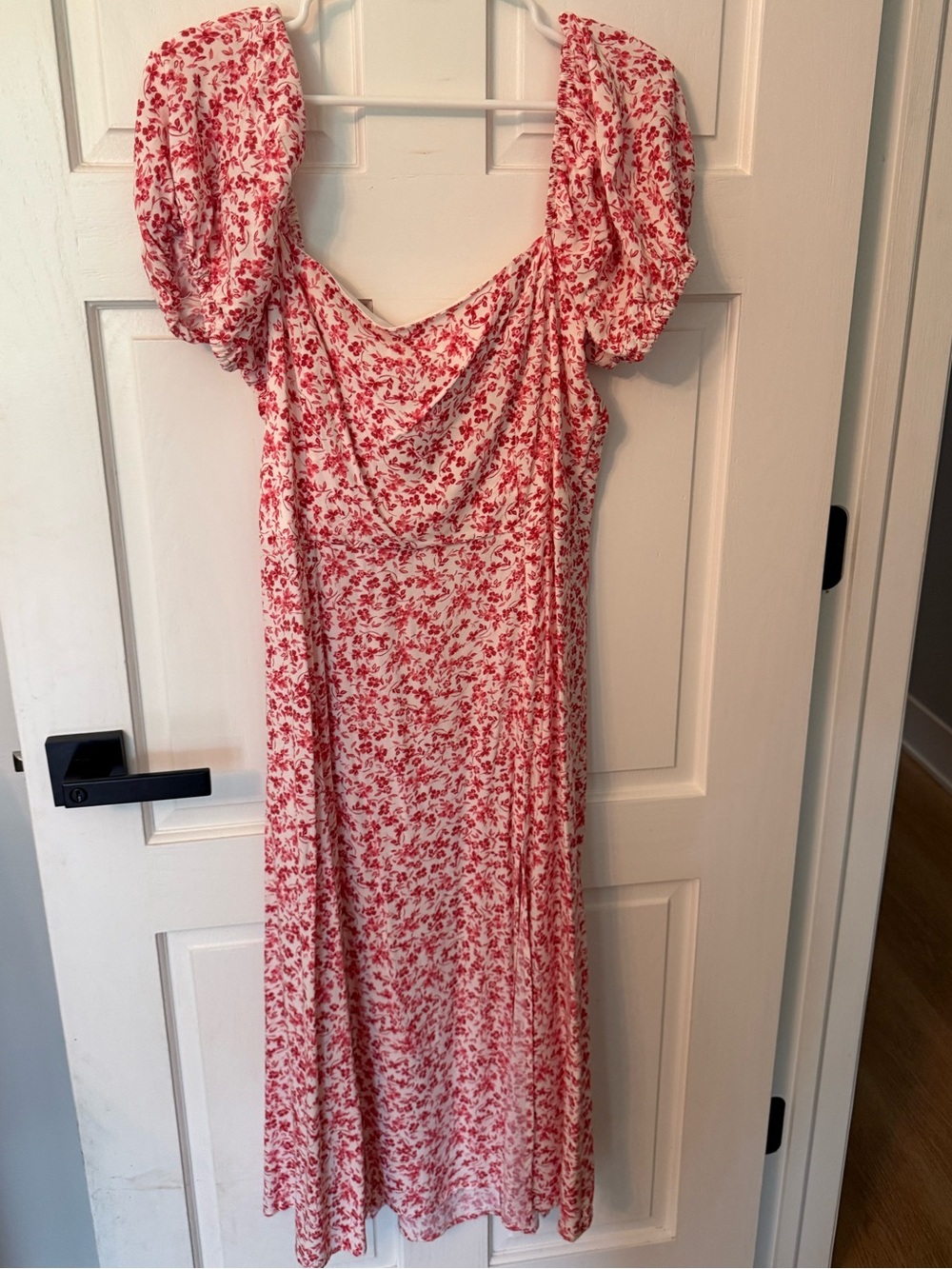 miami Red Floral Puff-Sleeve Midi Dress